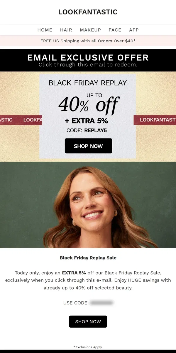 Email from LOOKFANTASTIC. EXTRA 5% ⚡ Already up to 40% off...