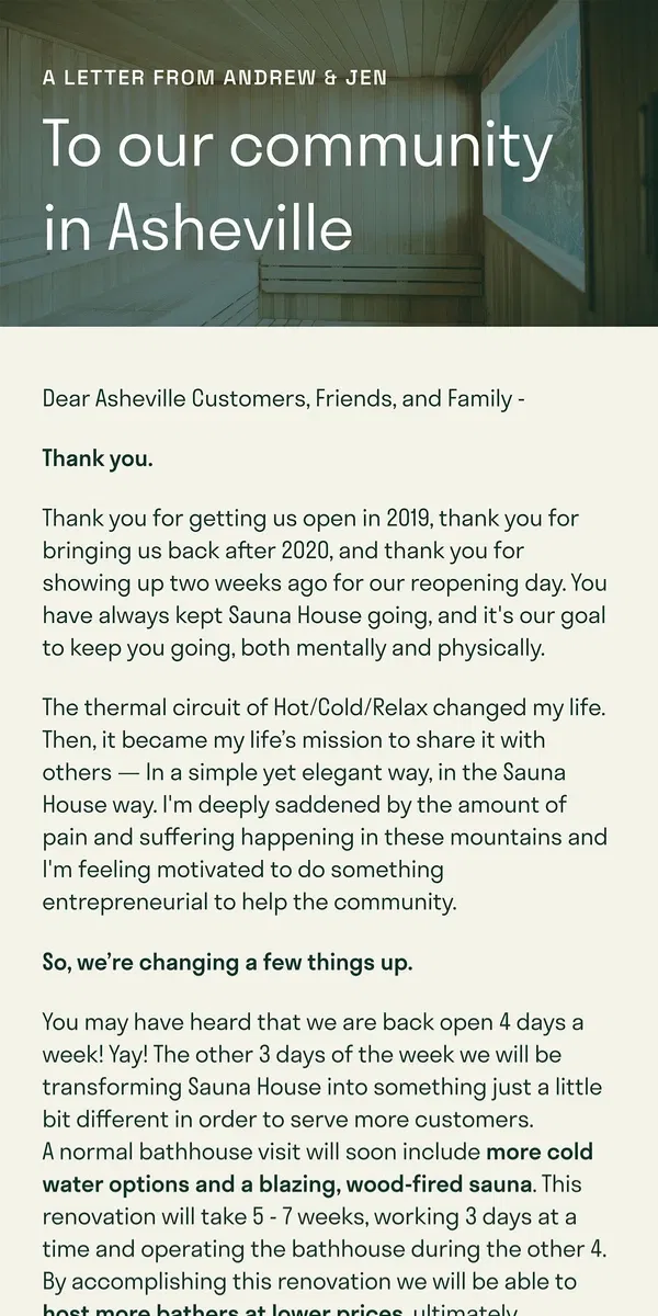 Email from Sauna House. Important update from Andrew & Jen.