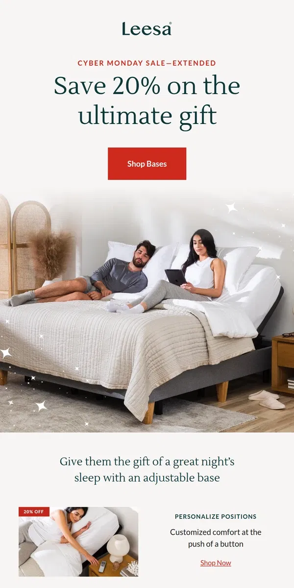 Email from Leesa. Elevate your sleep with an adjustable base