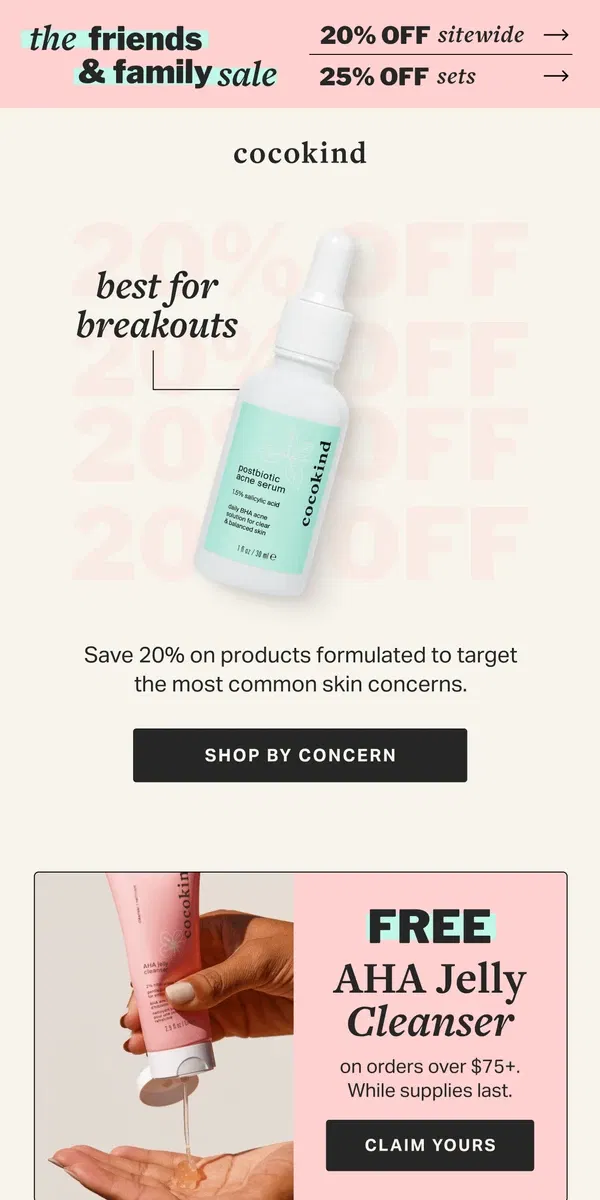 Email from cocokind. 20% off to treat your skin concerns