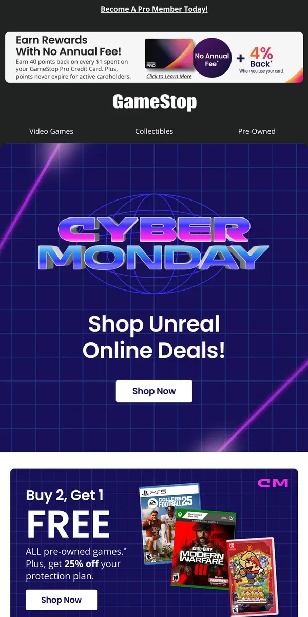 Email from GameStop. 🤖 It’s Cyber Monday! 🖥️ Log in. Load Up. Save Big! 