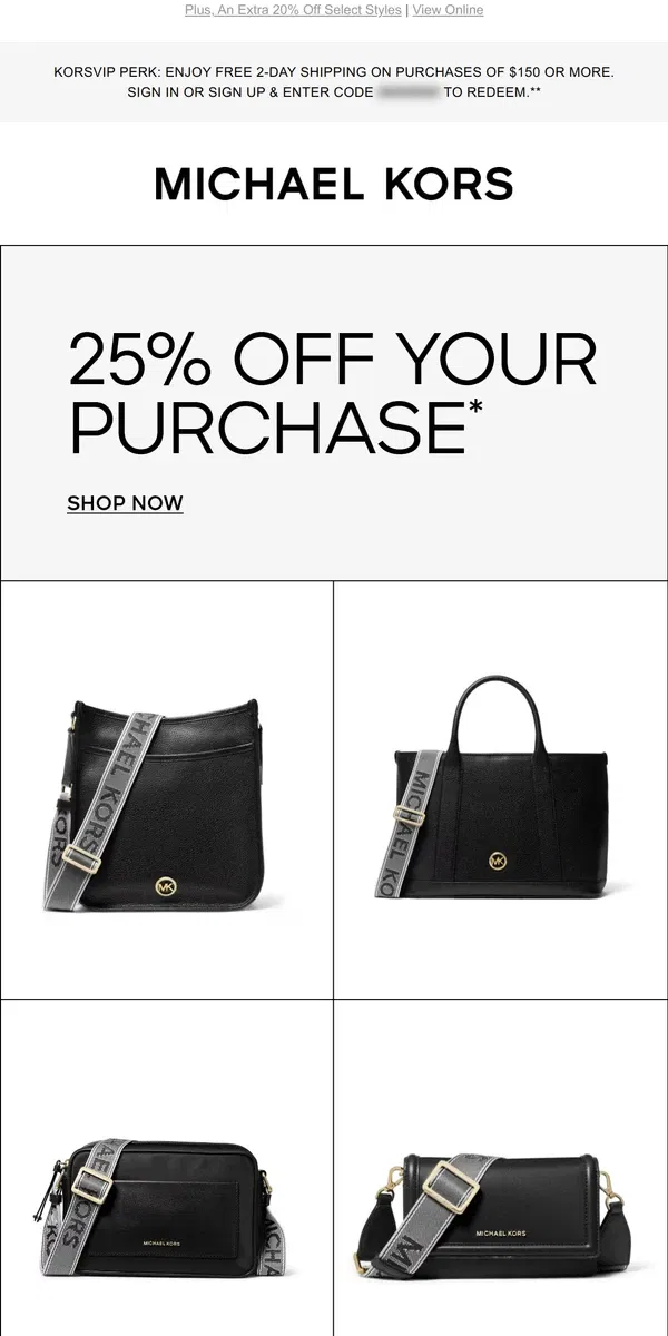 Email from Michael Kors. Hours Left To Save 25%