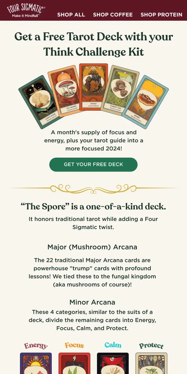 Email from Four Sigmatic. Get your FREE tarot deck. Only 931 left!