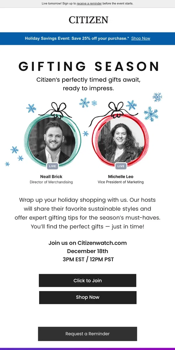 Email from Citizen Watch. Get Gifting! Join Our Livestream Shopping Event Tomorrow ⚡