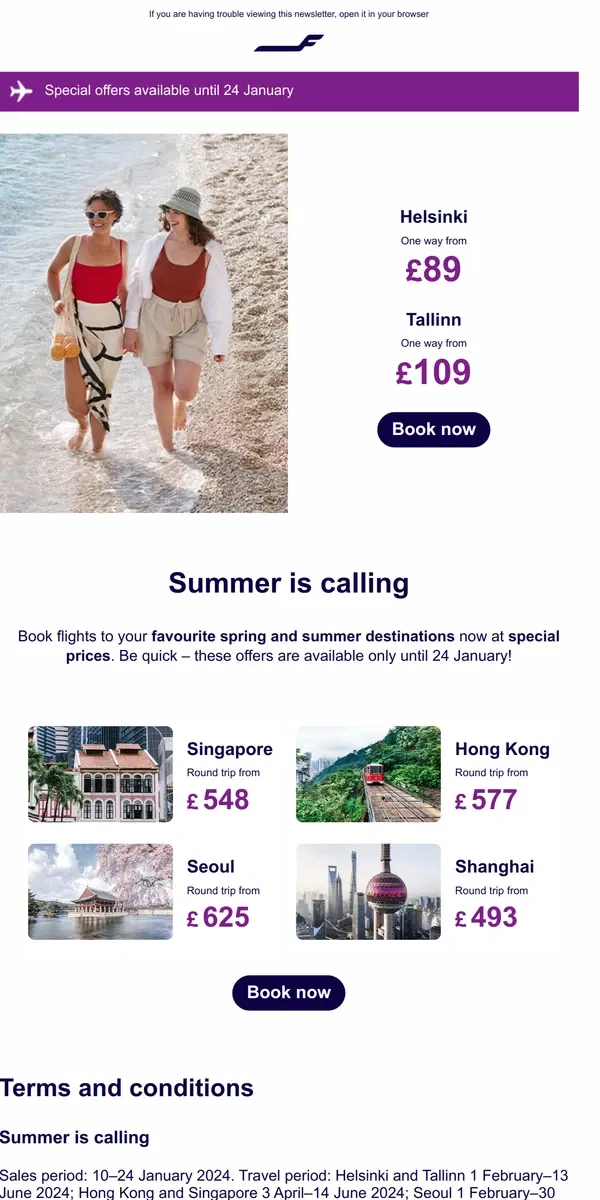 Email from Finnair. Special flight offers for spring and summer