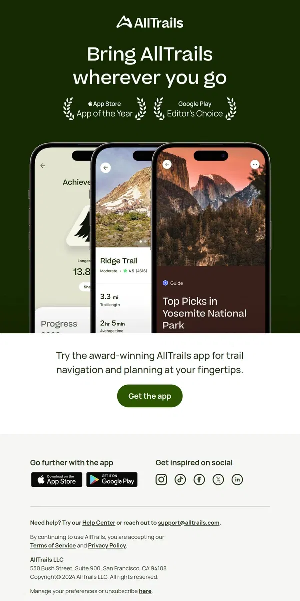 Email from AllTrails. Explore with an award-winner