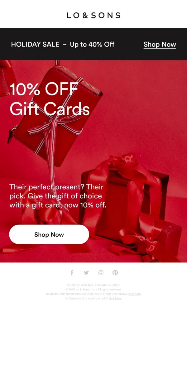 Email from Lo & Sons. Last Minute Shopper Surprise! 10% OFF Gift Cards