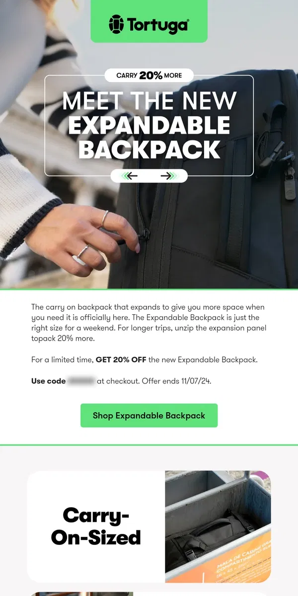 Email from Tortuga Backpacks. JUST LANDED: The Expandable Backpack