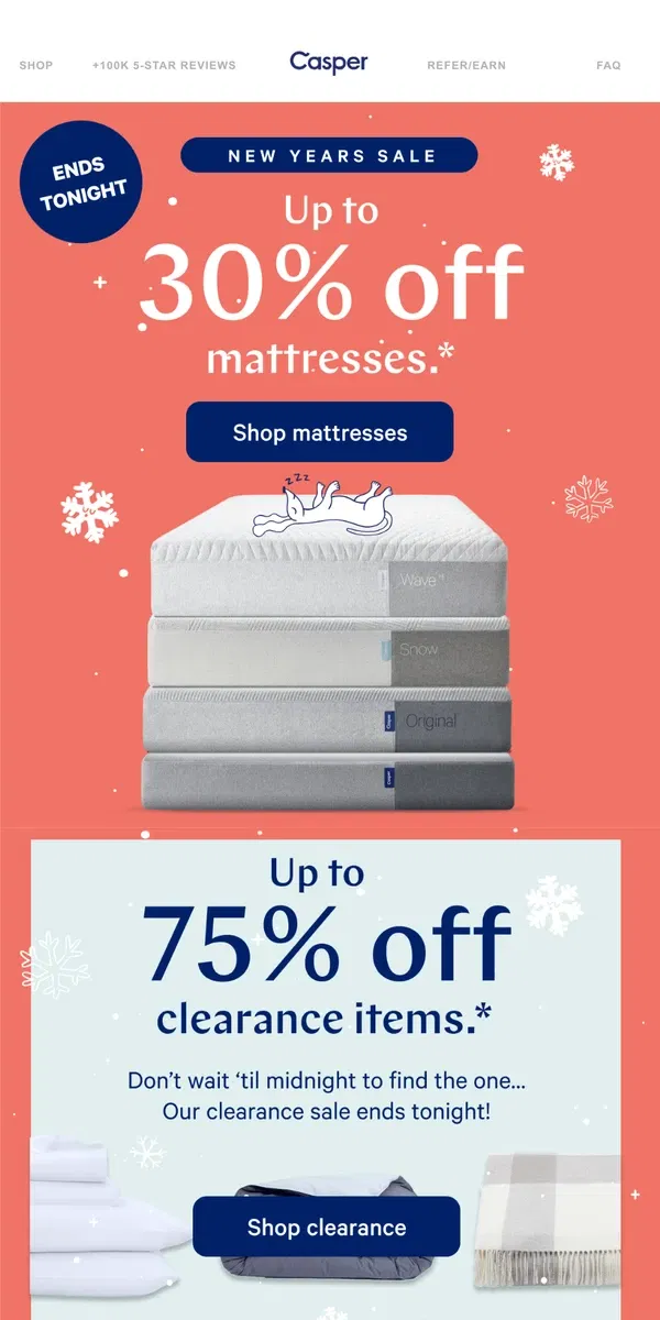 Email from Casper. Last chance for up to 30% off mattresses.