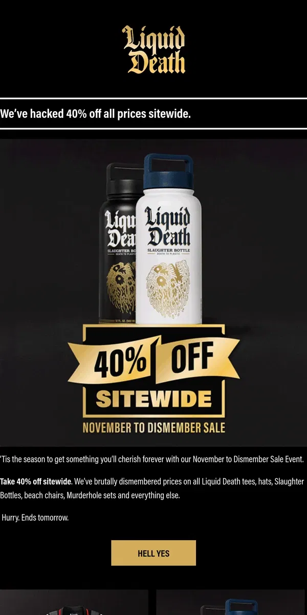 Email from Liquid Death. 40% Off: November To Dismember Sales Event