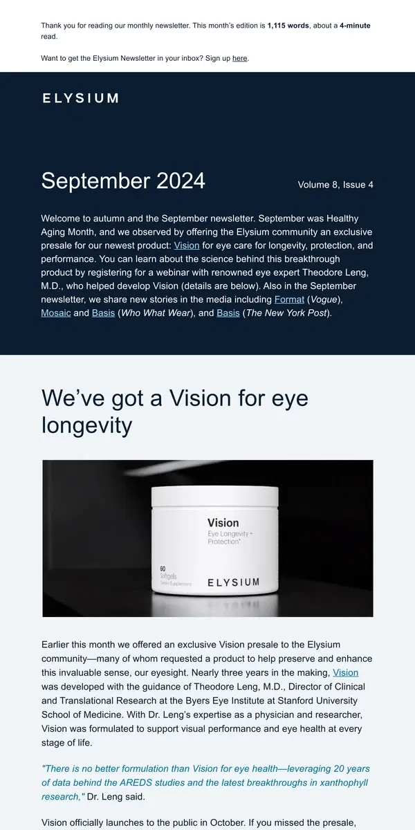 Email from Elysium Health. September Newsletter: Everyone has eyes for Vision