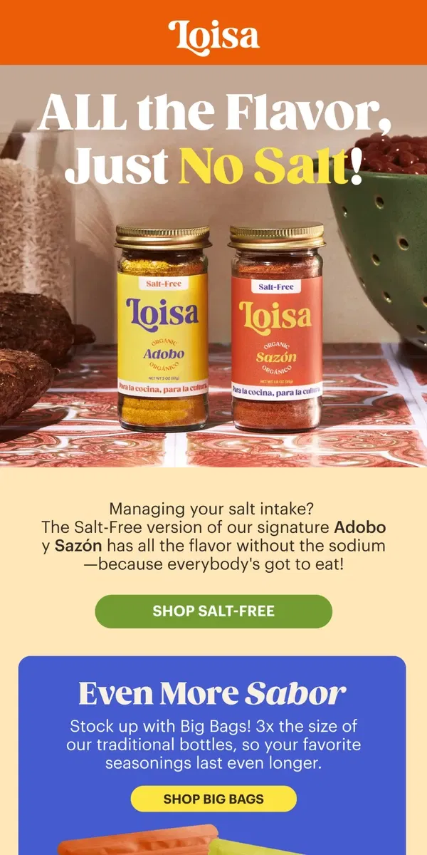 Email from Loisa. Salt-Free, MUCHO Sabor! 😋