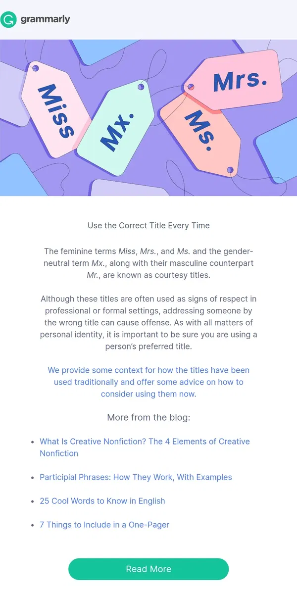 Email from Grammarly. Is it “Miss,” “Mrs.,” “Ms.,” or “Mx.”?