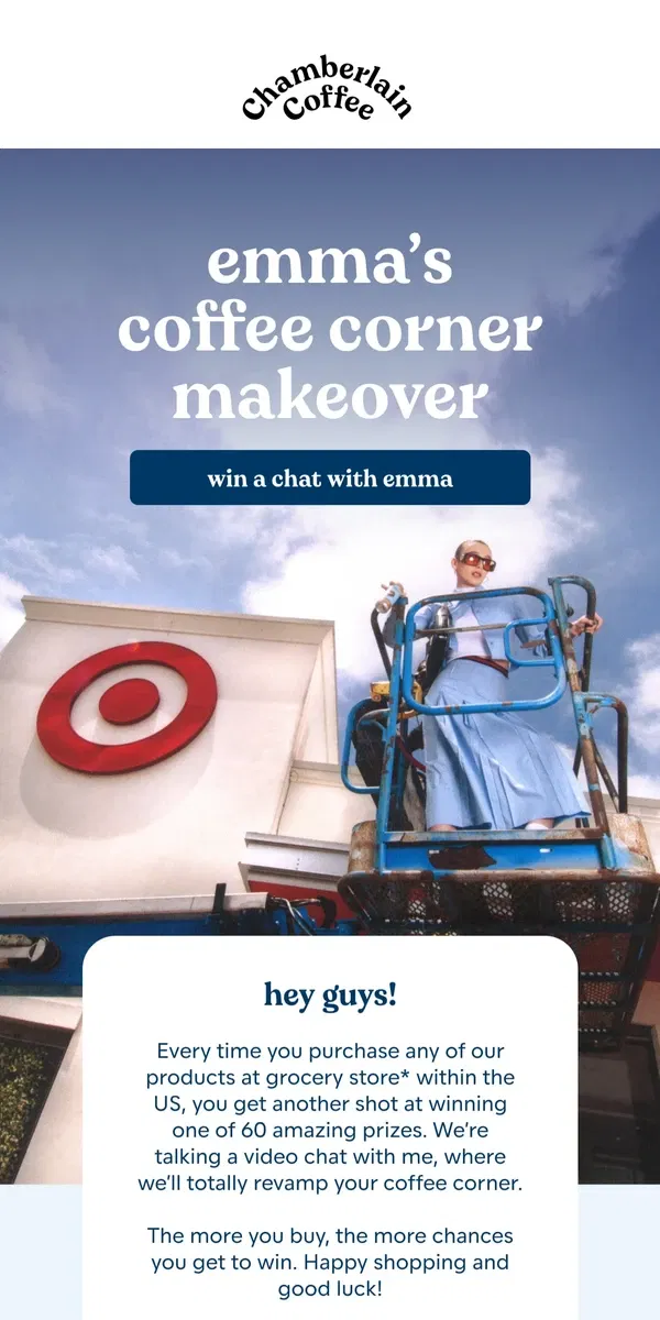 Email from Chamberlain Coffee. win a chat with emma