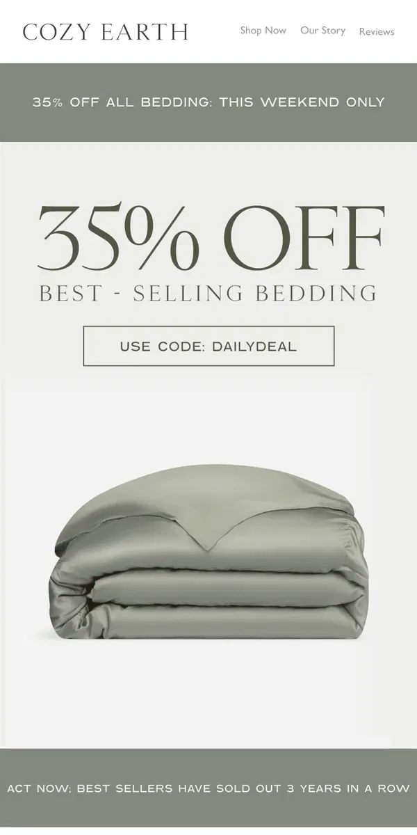 Email from Cozy Earth. DAILY DEAL | 35% Off All Bedding Is HERE