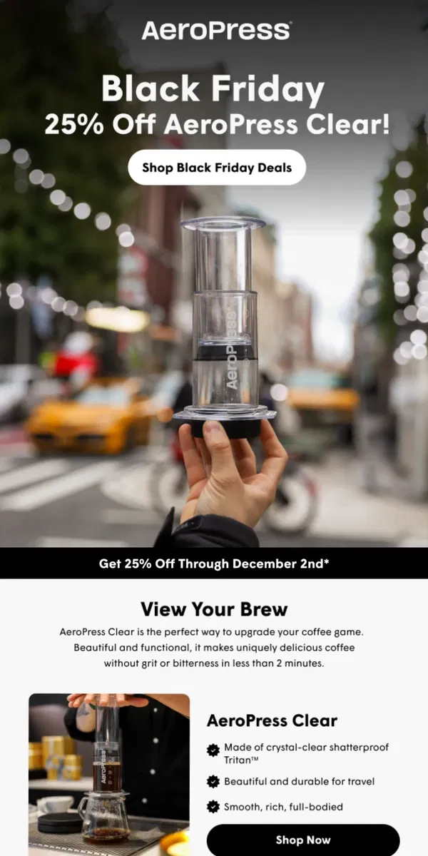 Email from AeroPress. 25% Off AeroPress Clear & More ✨