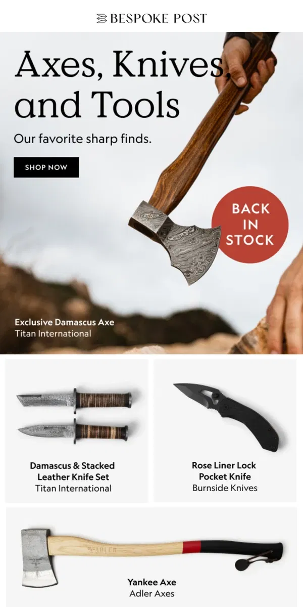 Email from Bespoke Post. Tackle Your To-Dos With Our Exclusive Steel Axe