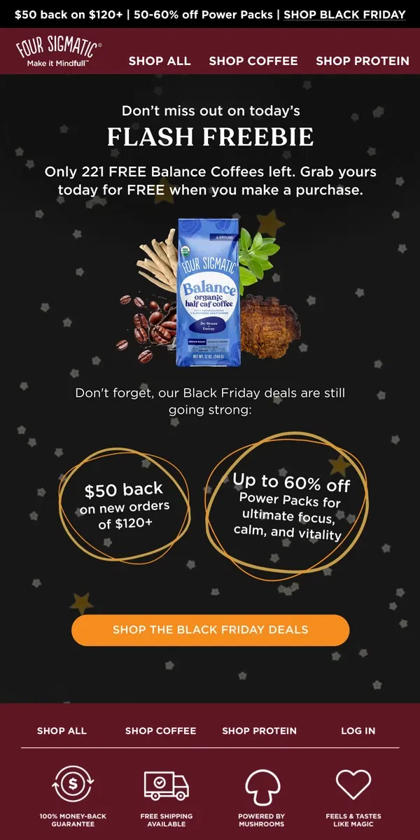 Email from Four Sigmatic. STOCK ALERT: Balance Flash Freebie is almost gone!