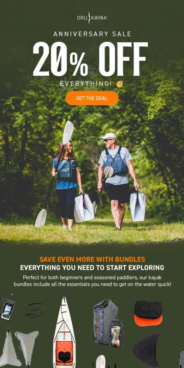 Email from Oru Kayak. Anniversary Sale: Up to 40% Off Kayak Bundles