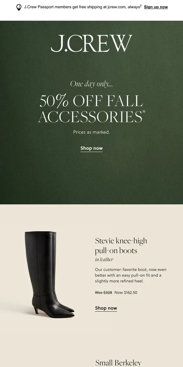 Email from J.Crew. 24 hours. 50% off accessories.