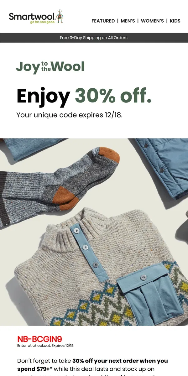 Email from Smartwool. Enjoy 30% off while you can.