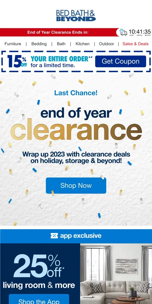 Email from Bed Bath & Beyond. Last Call for End of Year Clearance 🚨⏰🚨