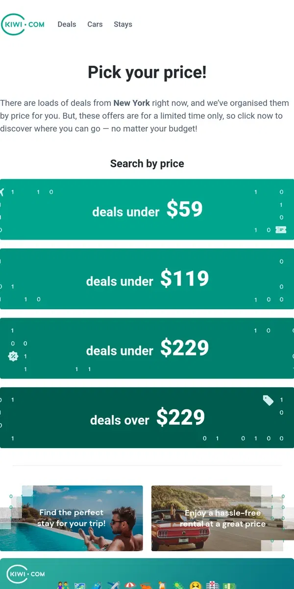 Email from Kiwi.com. New deals from New York under $59