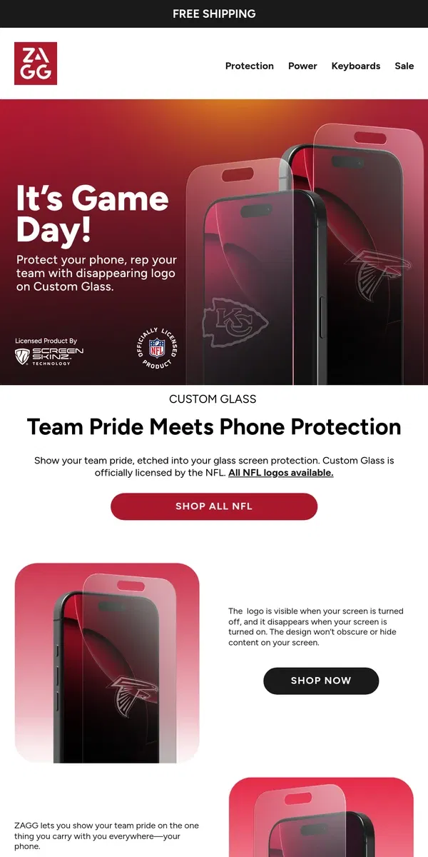 Email from ZAGG. Show up for Your Team! NFL Logo Screen Protection