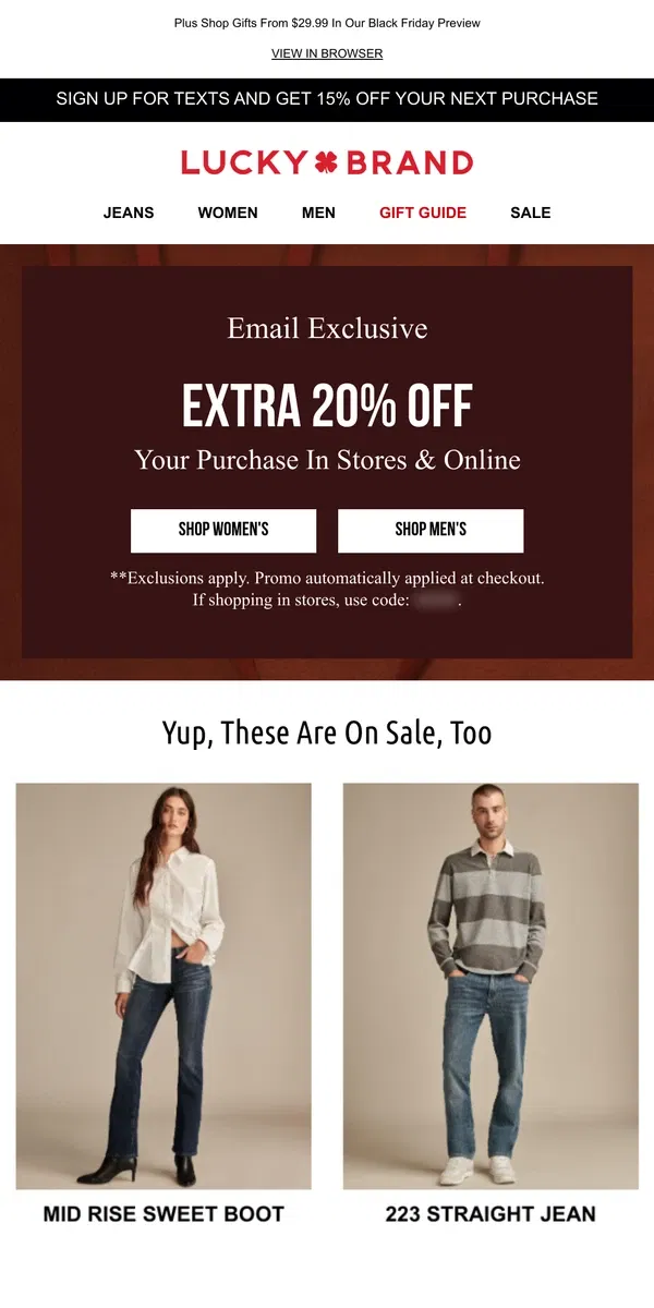 Email from Lucky Brand. 🚨 Starts TODAY! 20% Off Your Order, Online & In Stores