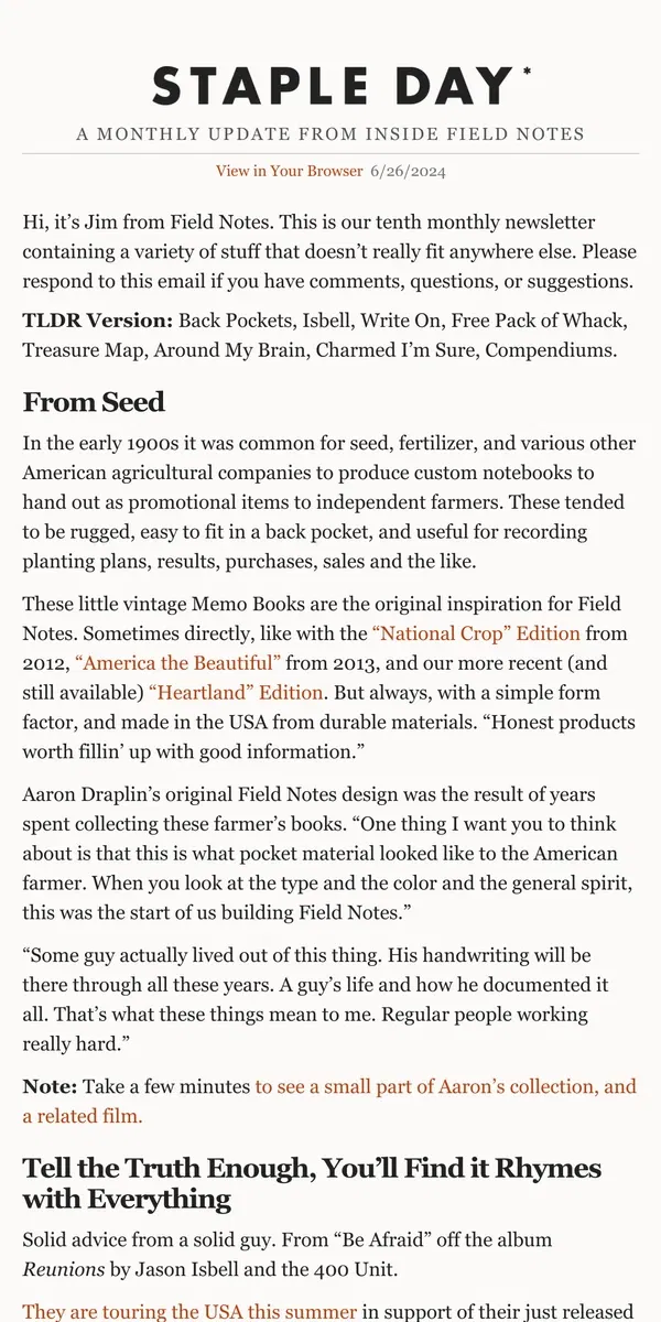 Email from Field Notes. Staple Day: A Monthly Update From Inside Field Notes