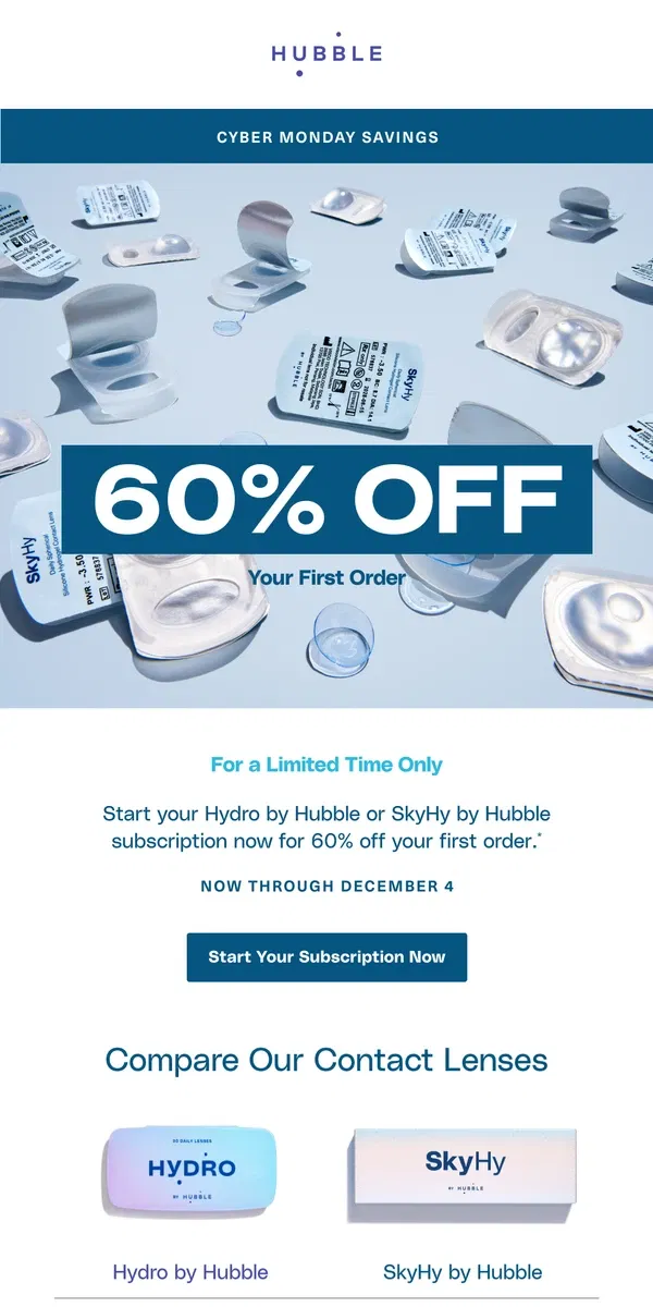 Email from Hubble Contacts. The Cyber Monday Sale Is On