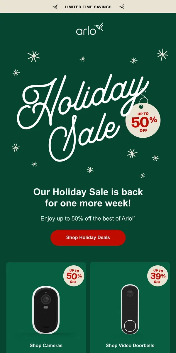 Email from Arlo. Holiday Sale extended—Up to 50% off!