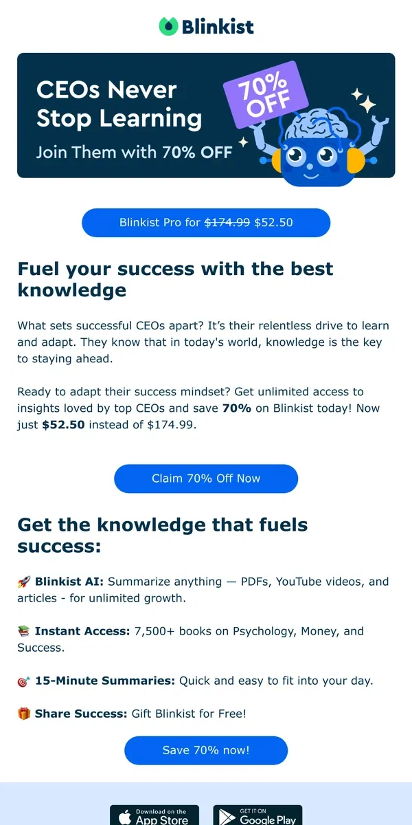 Email from Blinkist. 📖 70% off Blinkist: Thought Leaders Never Stop Learning