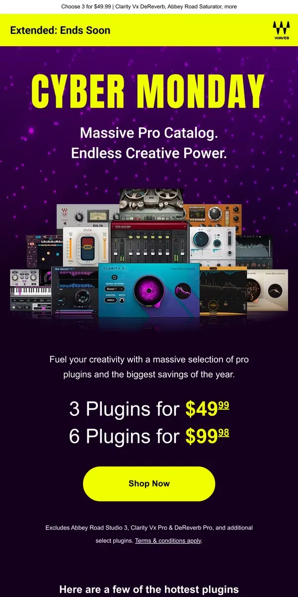 Email from Waves Audio. Hottest Cyber Monday Plugins 🔥