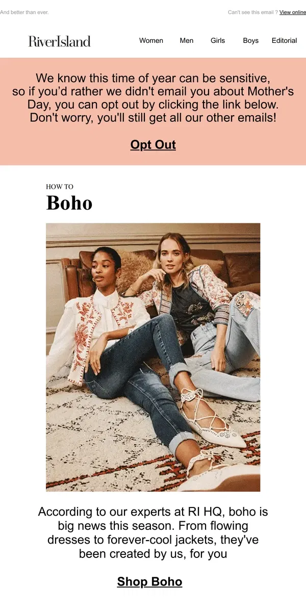 Email from River Island. Big news: boho is BACK