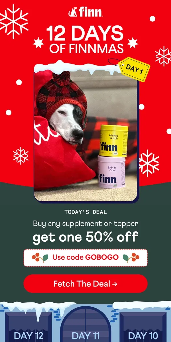 Email from Finn. 12 Days of Finnmas 🎁 Deals start NOW!