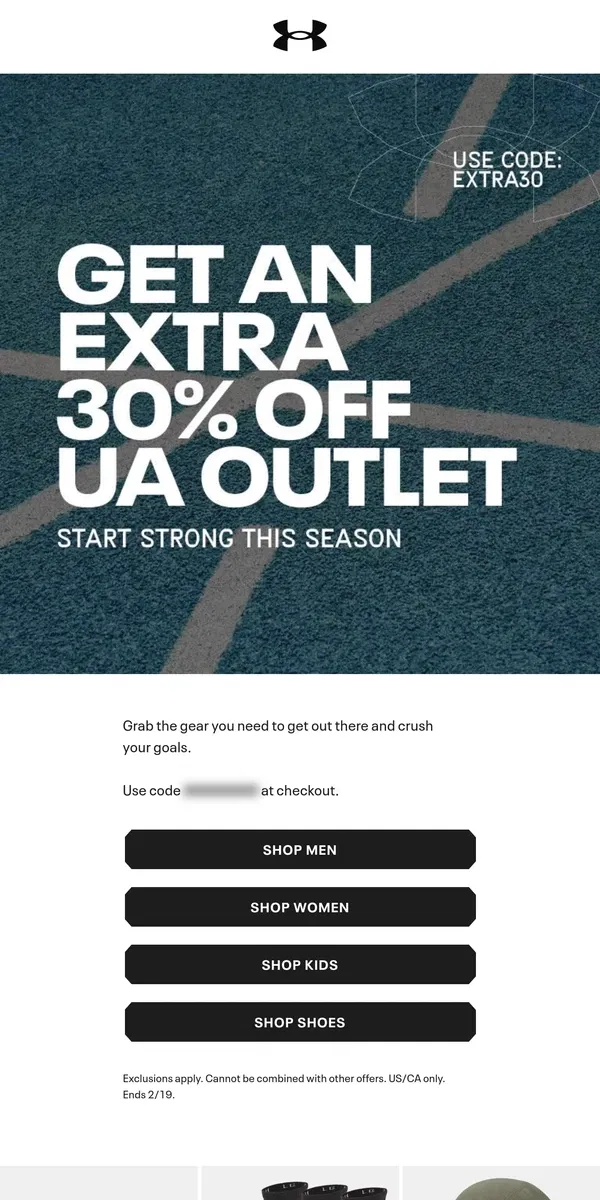 Email from Under Armour. Extra 30% off UA Outlet Ends Today 🚨