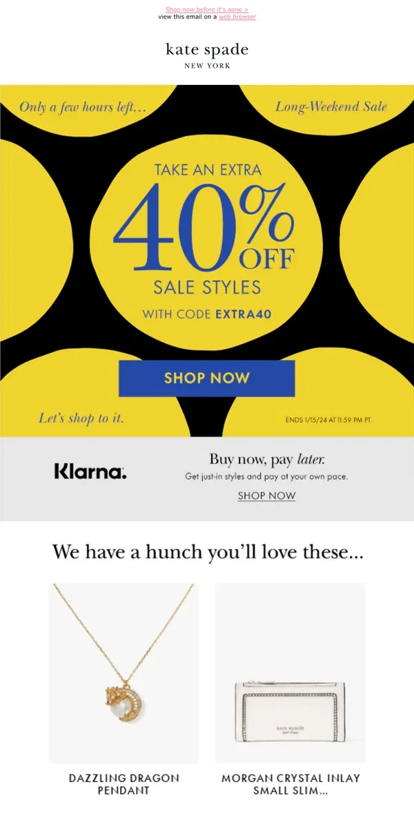 Email from Kate Spade. Don't miss an extra 40% off sale with code EXTRA40