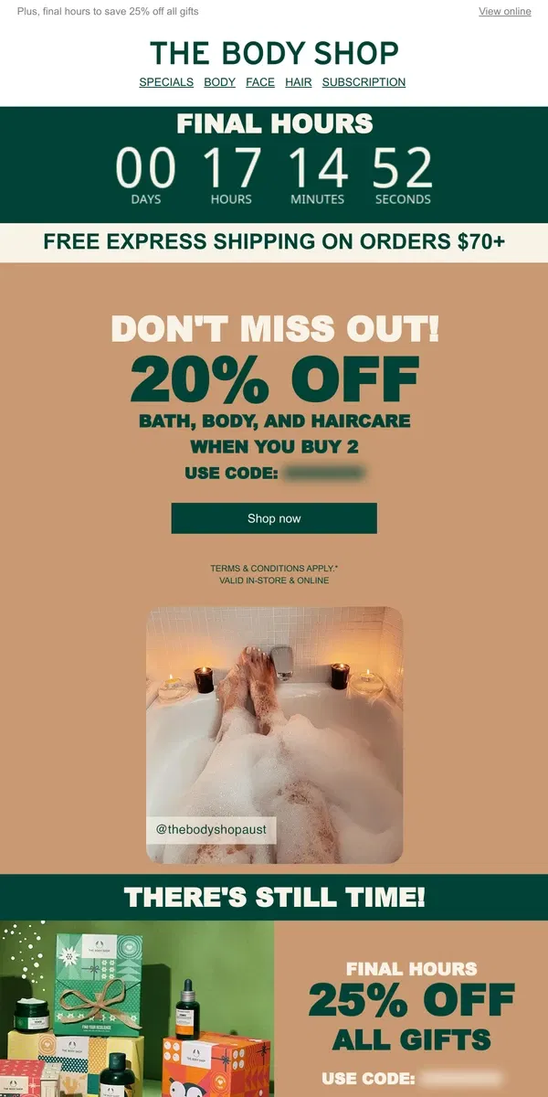 Email from The Body Shop. Last Day: 20% Off 2+ Items! 🛁✨