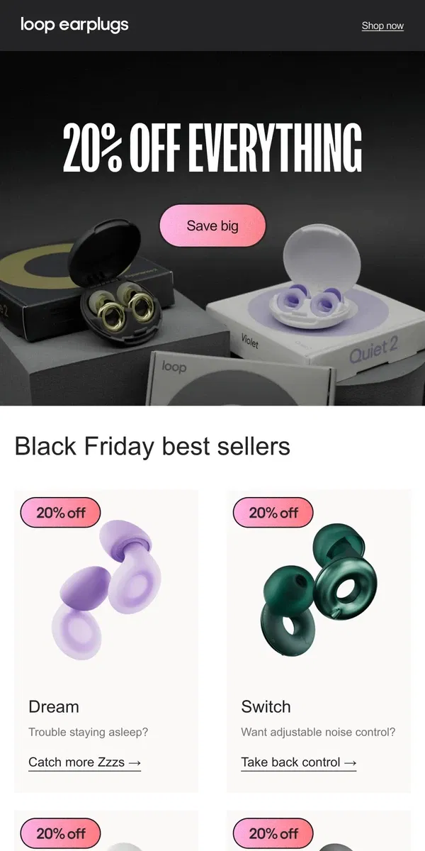 Email from Loop Earplugs. Black Friday is officially here 🖤