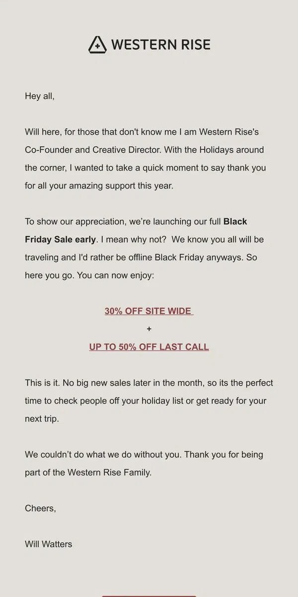 Email from Western Rise. 30% Off Sitewide -Our Black Friday Sale is Here!