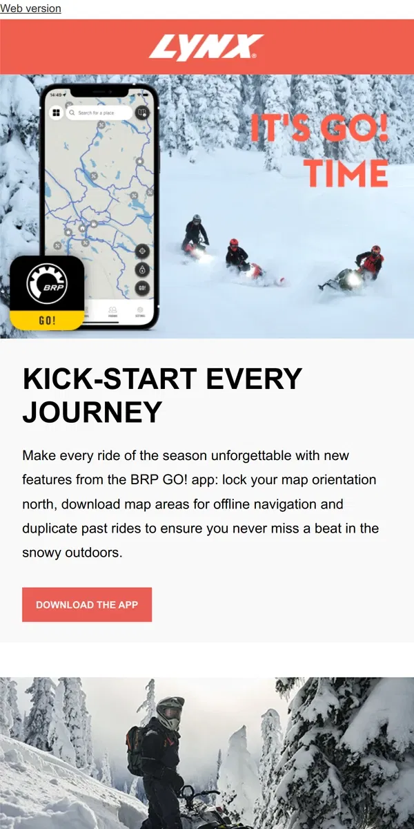 Email from Lynx. Elevate winter adventures with BRP GO!