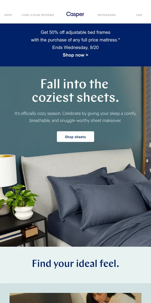 Email from Casper. Bedding made for cooler, comfier sleep.