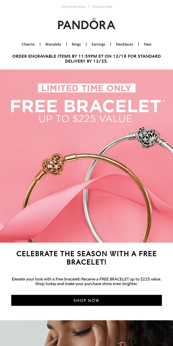 Email from Pandora Jewelry. Only 2 Days Left! Last chance to order engraved jewelry in time