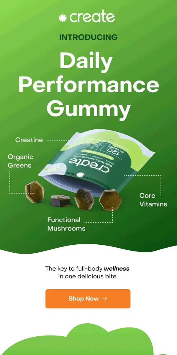 Email from Create Wellness. Daily Performance Gummy is here