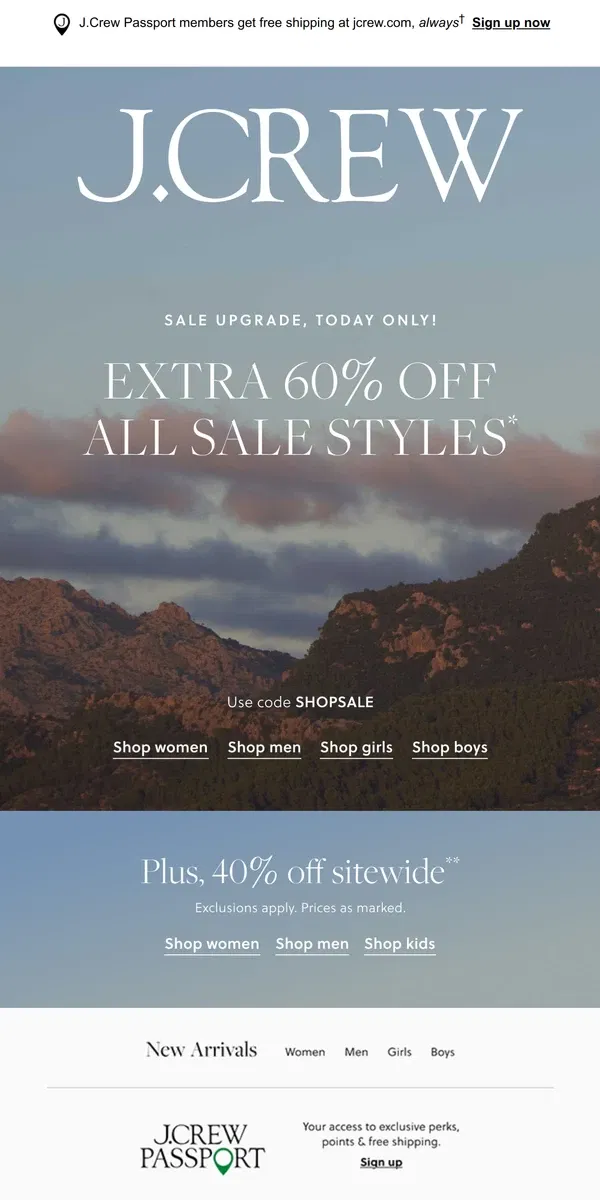 Email from J.Crew. Today only, get extra 60% off sale styles!