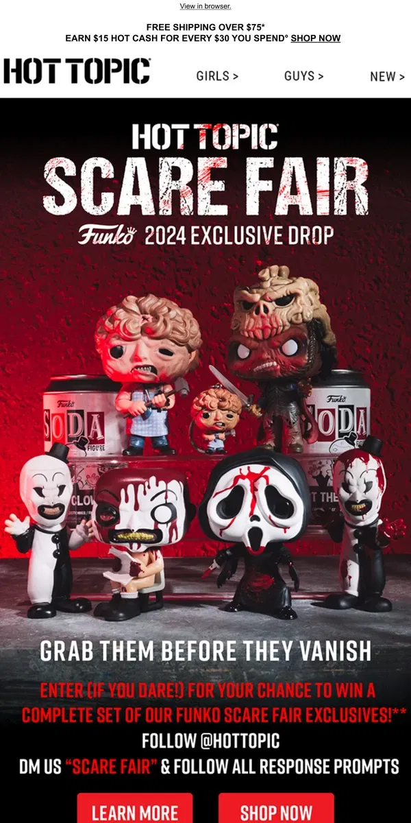 Email from Hot Topic. Exclusive new SCARE FAIR Pops! are here… if you dare! 🧟‍♂️🤡