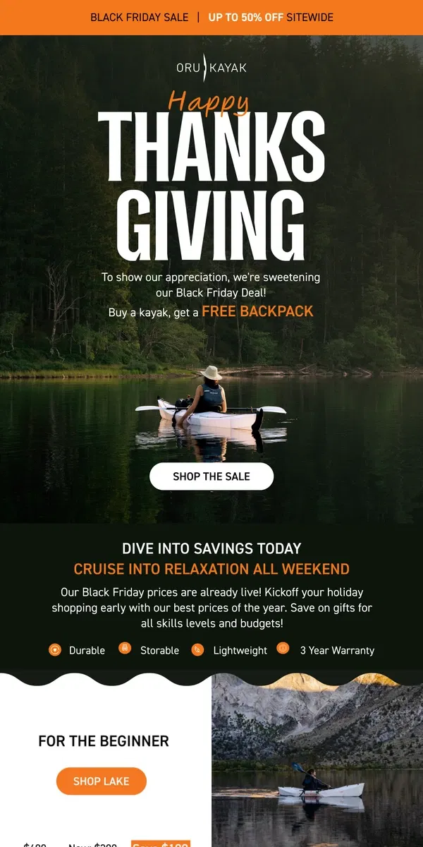 Email from Oru Kayak. Give Thanks, Get Deals 🌟 20-50% Off + Free Backpack