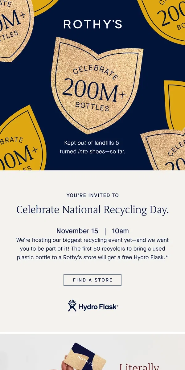 Email from Rothy's. Reminder! Recycle in stores on Nov 15. ♻️