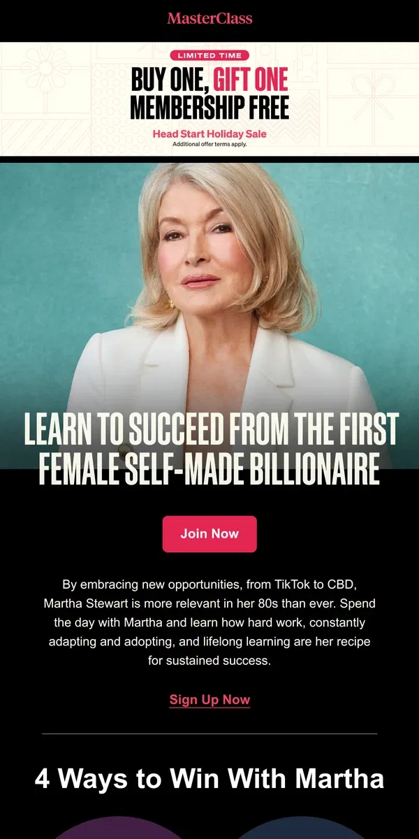 Email from Masterclass. Martha Stewart: Succeed without compromise